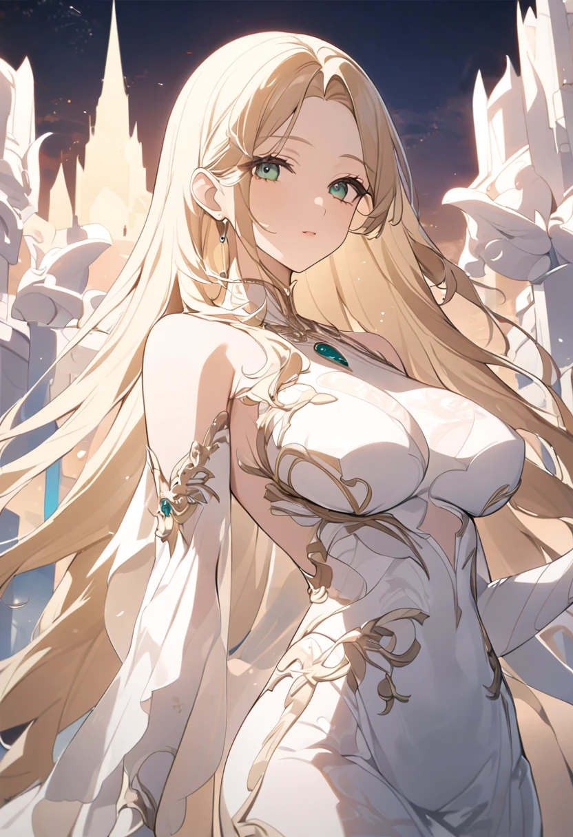High resolution RAW color art, animation,Sculpture, Silver Marble Skin, (((Highly detailed elegant))), Magical atmosphere, Detailed skin, texture,(Exquisitely crafted, The finer details, Ultra-detailed art), Depth of written boundary, Bokeh, Silky Touch, Hyper Detail,,euphilia, One Girl,Anime girl with long blonde hair and dark turquoise eyes in a white dress, Glowing green eyes,Beautiful Eyes, Elegant face, Magic City, sunrise, Upper Body, (Big Hips, View from below), Under the chest