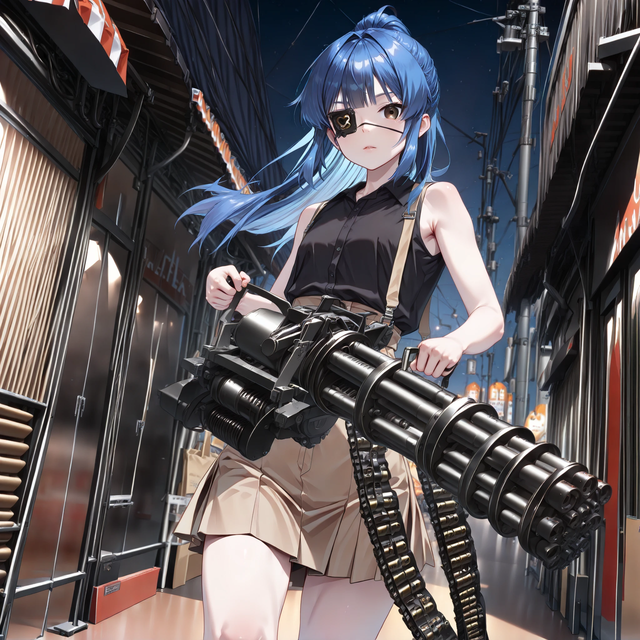 very aesthetic, 걸작, 고해상도, 8k 해상도, high contrast, (semi-realistic), newest, koreanai, best_quality, finely_detailed_eyes_and_detailed_face, (1 girl), brown_eyes, blue_long_hair, ponytail, black_eye_patch,slicked_side, black shirt, sleeveless, miniskirt, c-m134, holding m134, two-handed, ammunition belt, looking_at_viewer, dynamic_angle, (night), thin_waist, (thin),(short_height:1.5)