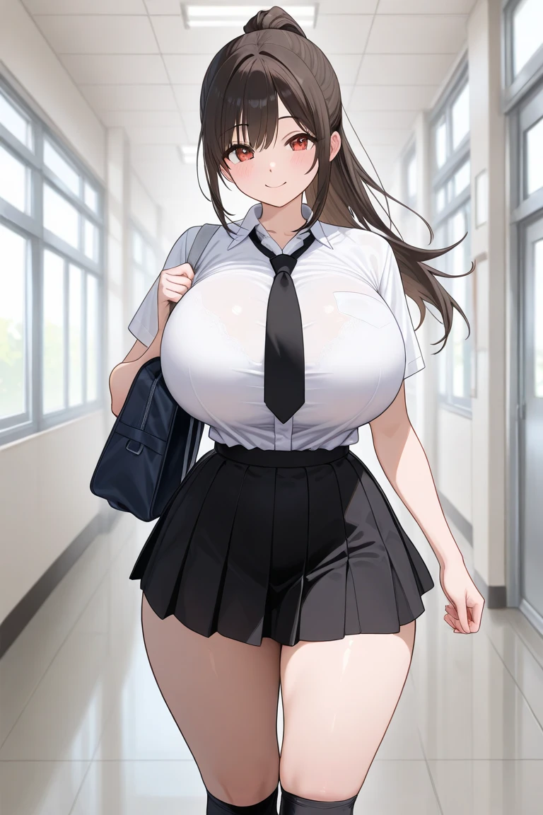 (masterpiece, best quality:1.2), Solitary, A girl, Ogawa Sukeko，In the narrow streets,（Black school uniform，黑色Short skirt），There are walls in front and behind，((Brown eyes,beautiful eyes)), Put your hair up， Short skirt，Thin belly),(slim),((Big tits))Big Ass,(Cleavage01.3), (Look away:1.4),(from above)，(Huge breasts)
