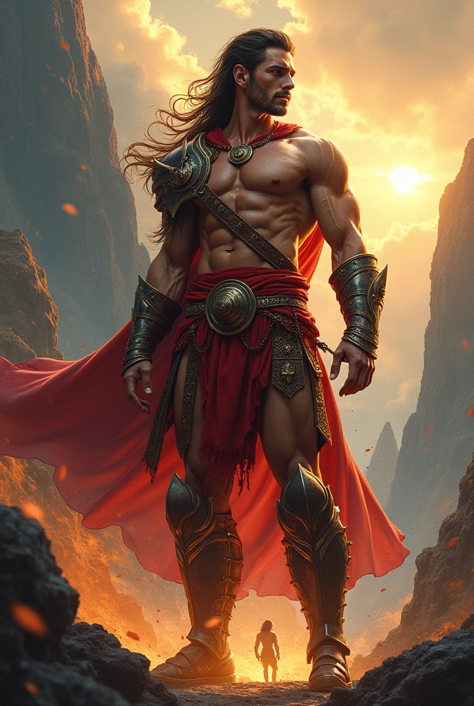 Illustrate the intense and tragic scene of Achilles killing Hector, The Trojan War in the background with lots of fire and blood