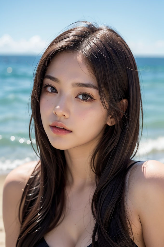 Slender Asian girl, kpop idol, ((swimsuit)), ((top quality, 8k, masterpiece: 1.3)), crisp focus: 1.2, beautiful woman with perfect figure: 1.4, highly detailed face and skin texture, detailed eyes, skinny, beautiful face, symmetrical face, full-length, slightly naked, sexy, the beach in the background