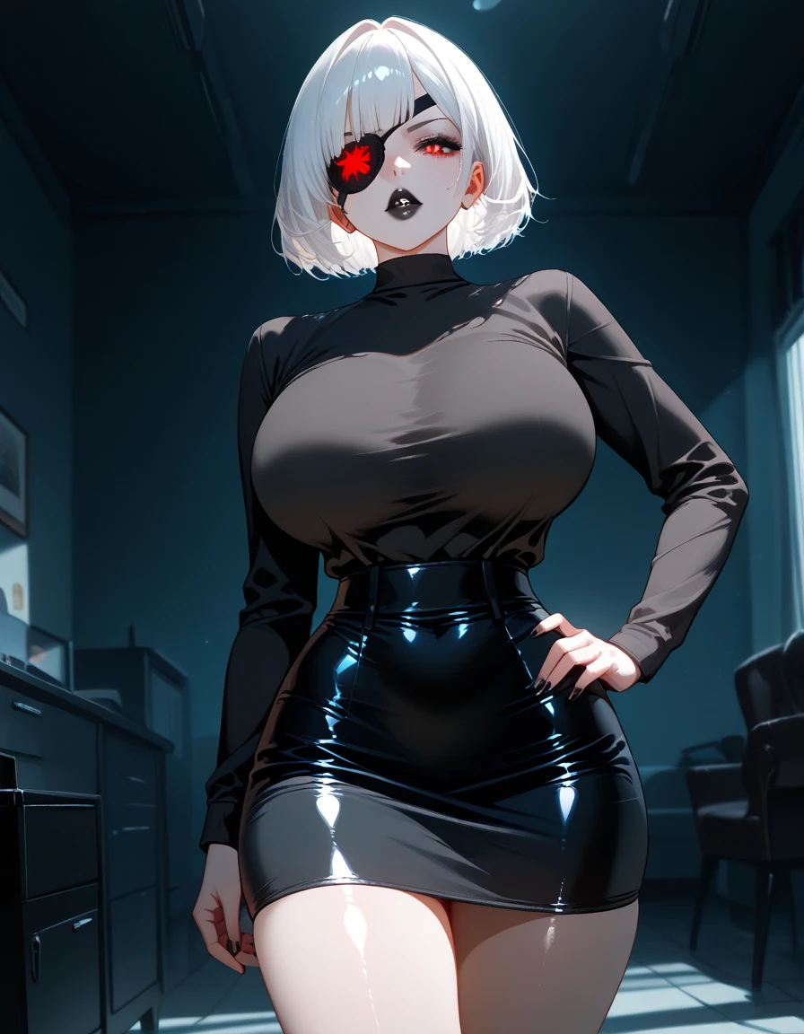 Masterpiece, Best quality, illustration, Science fiction, Black and red theme, 1girll, looking down at viewer, Skinny, Delicate messy gray hair, Glowing red eyes, Black tech jacket, black facemask, Wire, Cable, (The light from the back window is backlighted),huge tit,(Breast nudity:1.3),catss,Pink tits,Classroom,orderliness,Sit upright,many people around