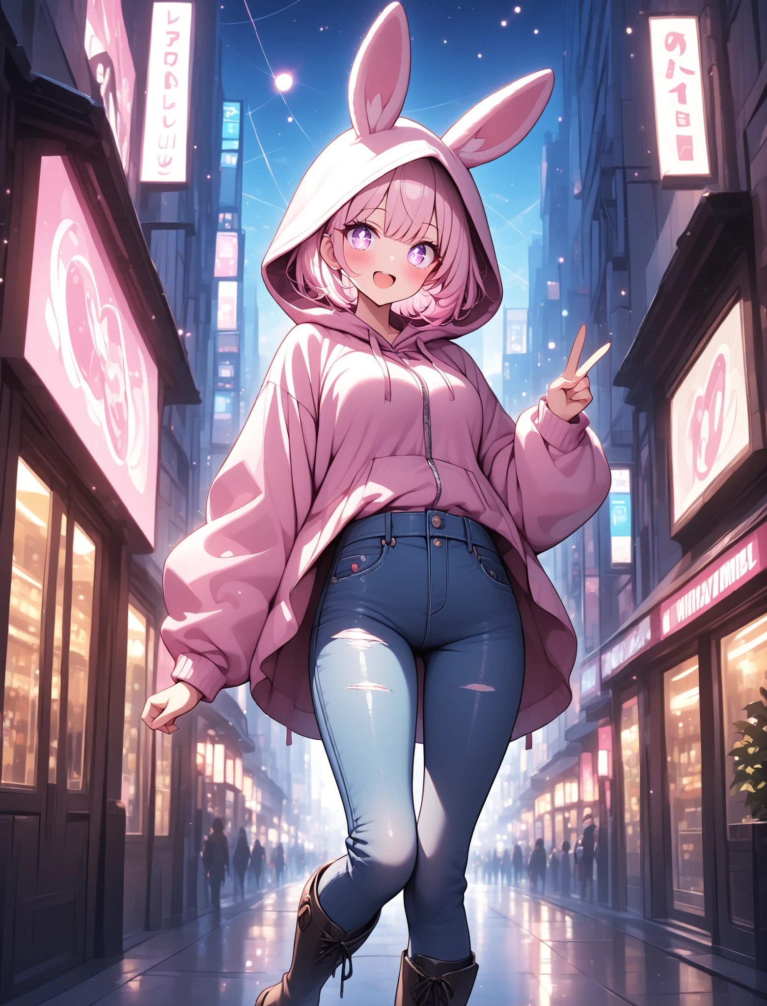 1 girl, violet eyes, light pink hair, short hair, cool, beautiful, medium breast, very cute, lovely, kawaii,
rabbit ear jacket, hood up, jeans, knee high boots, solo,detailled reflections of light, lights particules, detailled background, city, masterpiece, anime style, lots of glowing particles,((4k,8k,Ultra HD)),((Masterpiece :1.2)),((Best quality :1.2)),((Detailed :1.5)),((Detailed background :1.5)), happy, jop, v, scenery, open mouth, dynamic pose