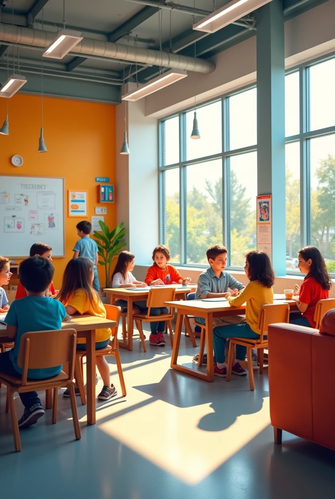School cafeteria with rectangular tables and colorful chairs 