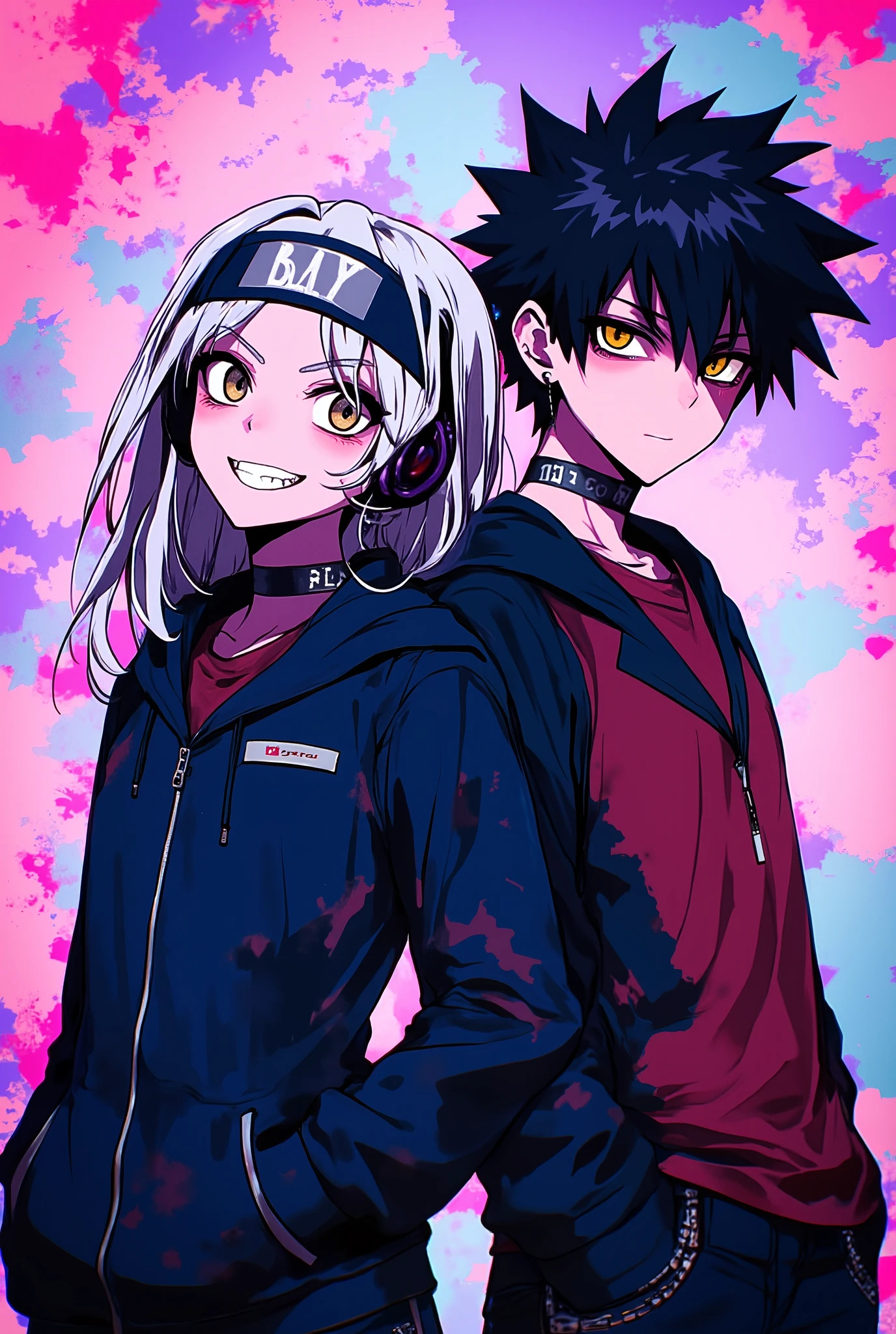 a black-haired boy with a white-haired male with headband headphones on his head