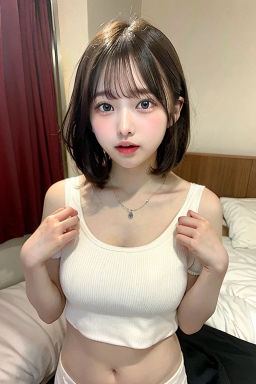 (top-quality、8K、32K、masterpiece)、Japan beauties、((huge-breasted))、very short long hair、The upper part of the body、sface focus、Cotton sweater、simple background、Beautiful feces staring at the viewer、Kawaiikin details、A smile、Long hair