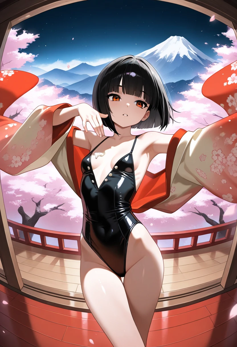 Black short straight hair doll head flat chest girl,Demon horn,kimono,thong,Bare Legs,Standing,Barefoot on the torii gate