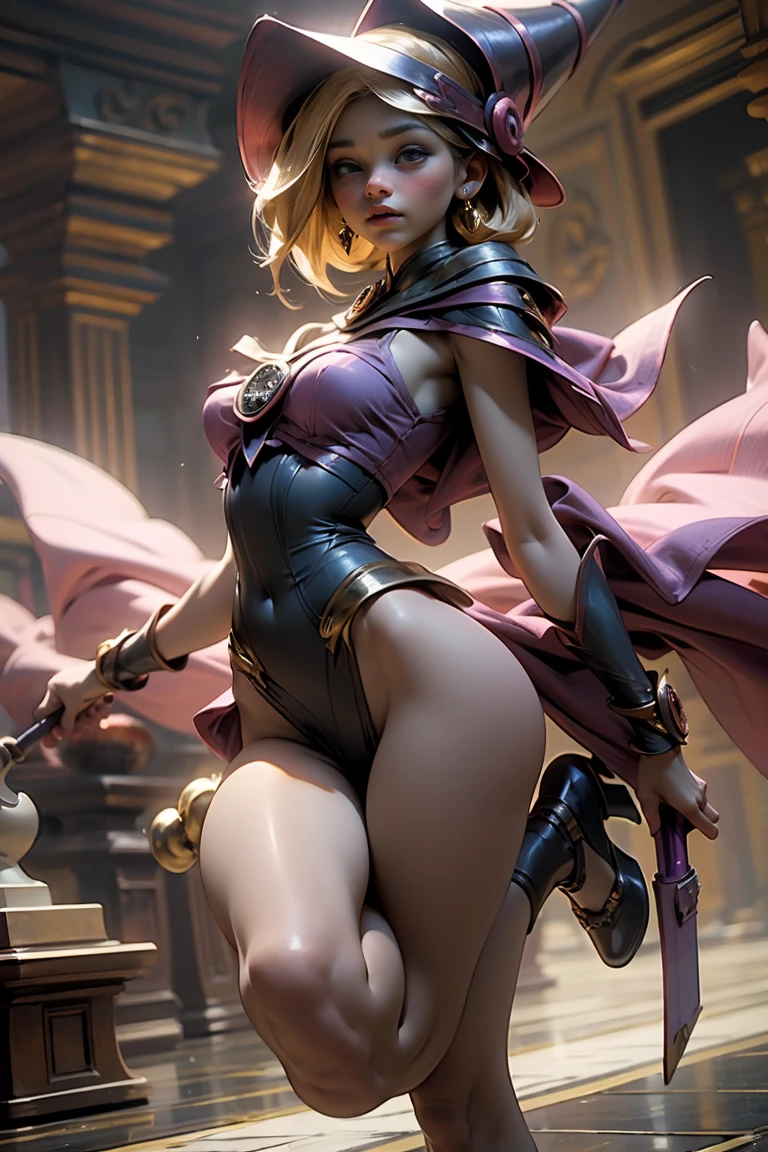 (masterpiece:1.2), (best quality:1.2), Perfect lighting, Dark magician girl casting a spell, In battle. floating in the air, Visible medium , Transparent neckline, Blue robe, large hat, from above, sparkling, Yu-Gi-Oh!, The magic of the mind. Light of the Heart, Romantic Heart. 她穿著金色High heel. 穿High heel. High heel (((Large Breasts、Breast sagging、Low-cut，Cleavage ，Wide hips,)))((Long legs)),Hourglass figure)),