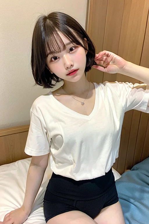 White tight shirt、mini skirt、I can see your pants、bed、Embarrassed face、Short sleeve、Short hair with bangs