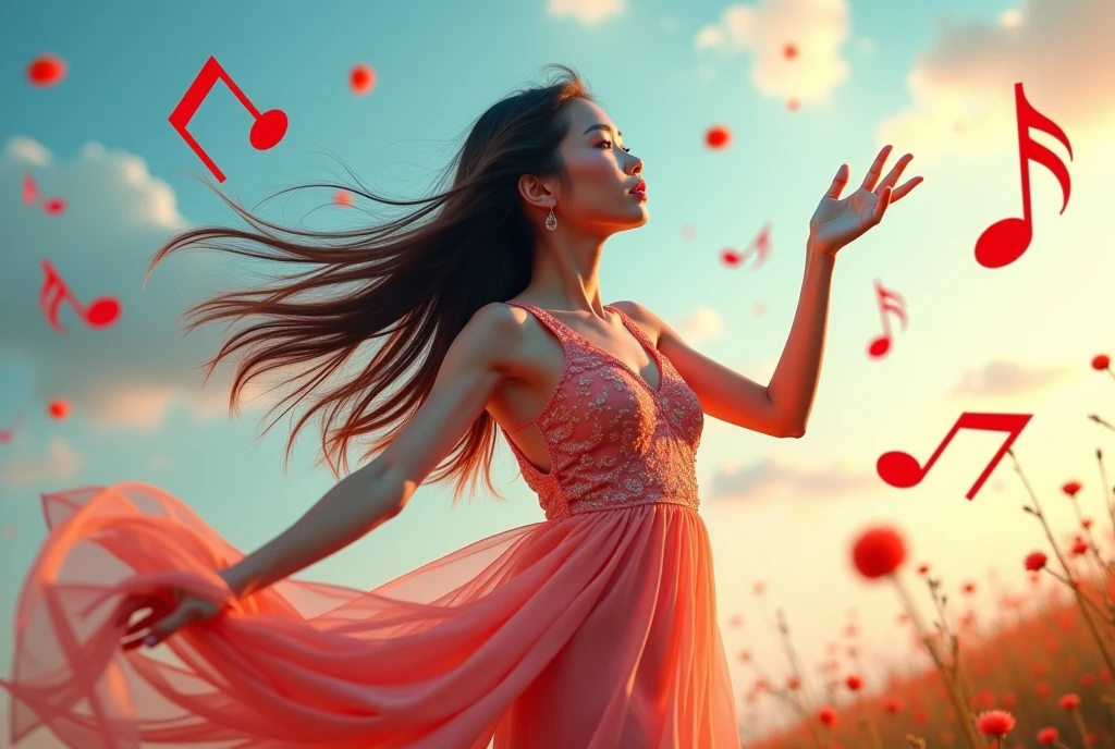 une personne qui dance et que l'on voit tout son corps. la personne porte une robe et elle tourne sur elle méme avec des ecouteur et de la musique