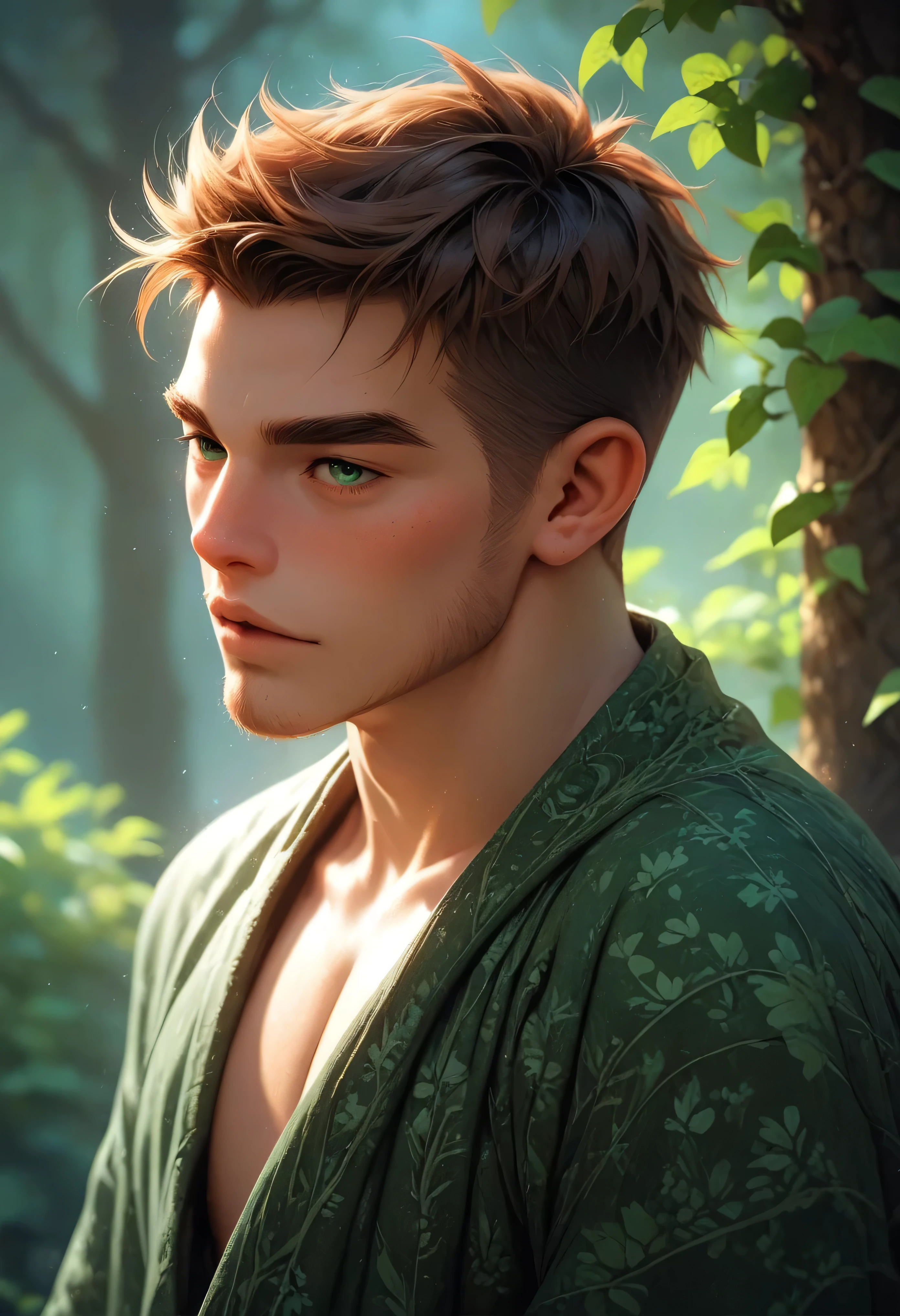 A delicate-featured anime boy with soft auburn hair and green eyes, wearing an open moss-colored robe that reveals part of his bare chest and shoulder. The forest around him is misty and tranquil, with dew on the leaves and shafts of early morning light streaming through the canopy. His expression is peaceful, as if he's part of the forest itself.