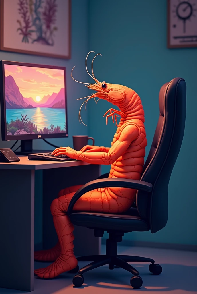 a creature with a shrimp head and a human body,Sitting in front of the computer,Body bending,Calf raise,the whole body is shaped like a C