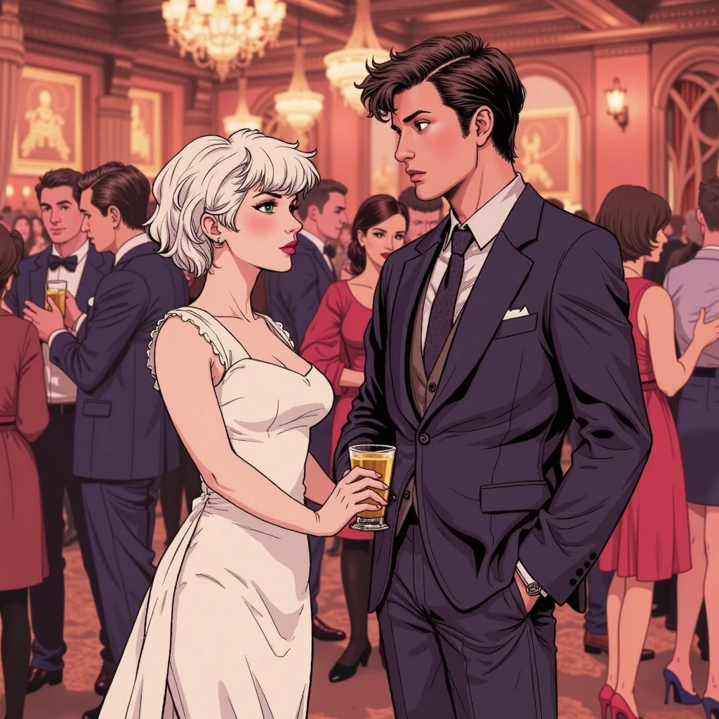 Hot ???? beautiful milf mom  dancing with ugly fat old man in club,slender body, detailed lips rings ,red  hair,black eyes,white sun glasses on head, detailed , big  hoops earrings , alluring face, smiling, necklace , red lipstick ,white strapless sequin dress,heels,