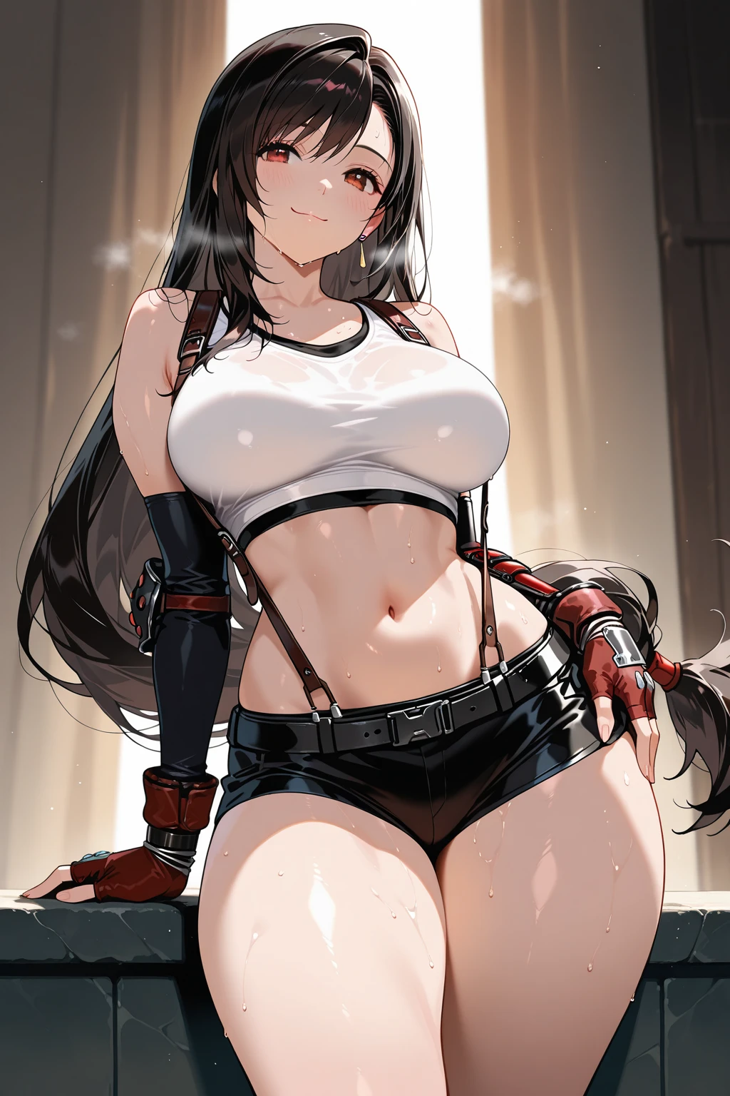 (masterpiece:1.6, best quality), (finely detailed beautiful eyes: 1.2), (Overhead view), high quality, beautiful face, 1girl, wide shot, white crop top, leather short shorts, oversized leather jacket, open shoulders, silver hair, large breasts, long hair, wide hips, (leaning to the side, ), street, background, detailed background,