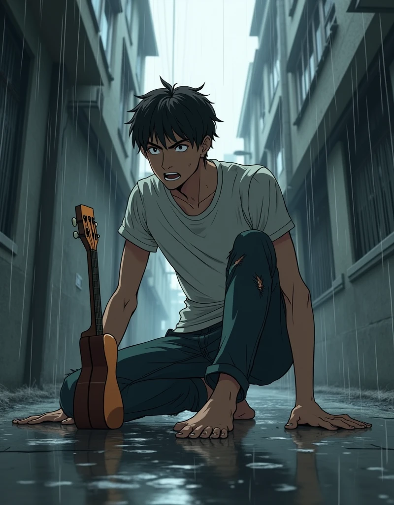 Baby boy, Full body version, Grassroots, background in city ​​sewers, black hair, short haircut, brown eyes, dirty clothes, mud on background, topless, torn shorts, sandals, poor boy , flies on body, bad smell on body, smile mouth, standing gesture, blood on background, (one piece style art)