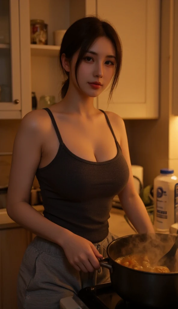 (Raw photo:1.2), (Photorealistic), Beautiful detailed girl, Very detailed eyes and face, Beautiful detailed eyes, Huge file size, High resolution, Very detailed, Best Quality, [masterpiece:1.6], Illustration, Very detailed, Fine detail, Best Quality, 32K Wallpaper, purple and red light, in a dark place, dark atmosphere, deep shadows, intricate  details, Young woman, korean, Korean idol, idol make up, brunette, bangs, pale skin, very long straight hair, idol face face, unbelievably beautiful face, big lips, large breasts, large butt, wide hips, loose tank top, panties, ((cleavage)), full body, kitchen setting, ((cooking)), ((naked)), angry face 