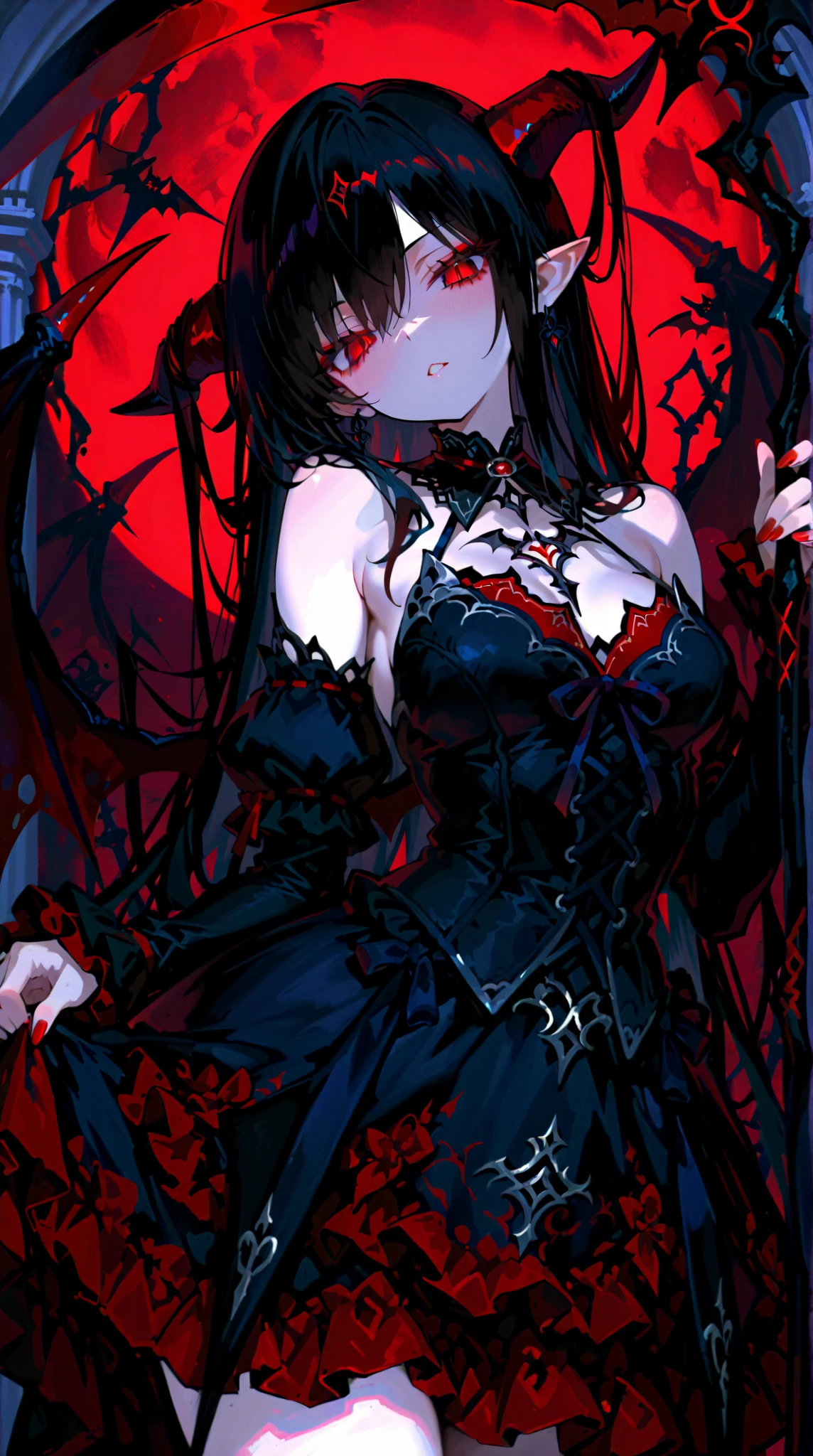 1 girl, demon girl, solo, black hair, short straight hair, gloves, bun updo, side bangs, long horns, ultra detailed red and black eyes, slit_pupils, gothic dress, sleeveless gothic dress, light gothic dress, skirtless gothic dress, ruined gothic cathedral in background, dim lighting, warm colours, fascinator, veil covering face, beautiful pose, serious expression