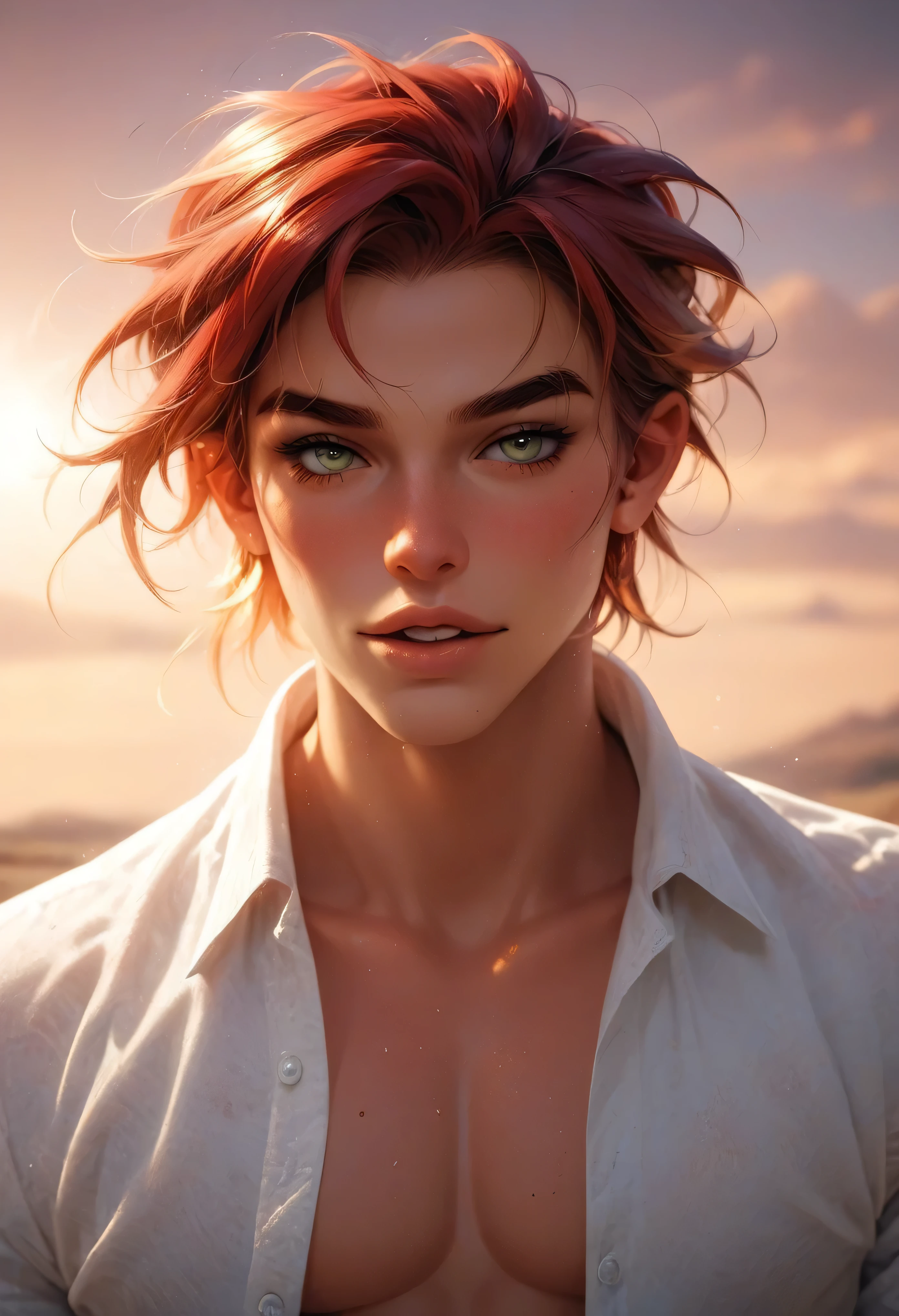 A sun-kissed anime boy with tousled dark-blonde hair and golden-brown eyes, his open shirt sticking slightly to his chest in the desert heat. He stands before shifting sand dunes, his lean form highlighted by the intense sunlight. A gust of dry wind lifts the fabric of his outfit as heatwaves shimmer on the horizon.