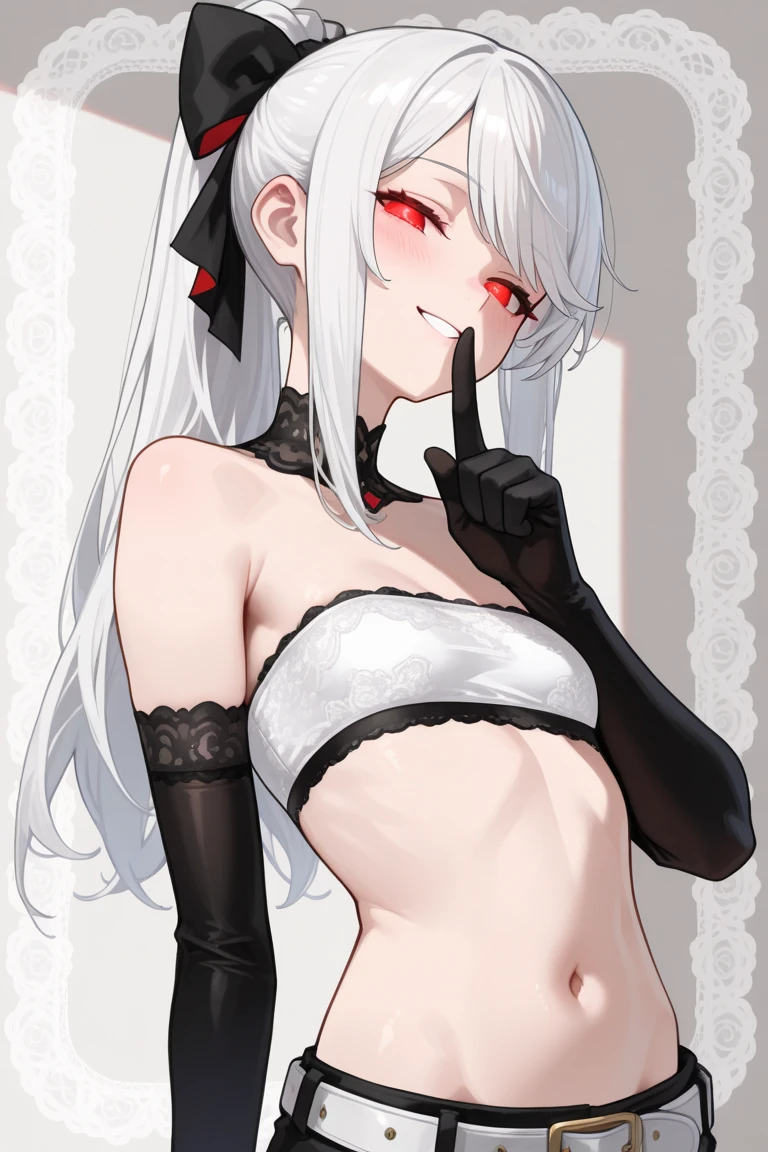 score_9,score_8_up,score_7_up, source_cartoon, kemono style, toriel, red eyes, furry body, standing, naked, portrait, cowboy shot, smiling, blushing, bashful pose, hand to her face, looking down, wearing black bra, black panties, black thigh high socks,