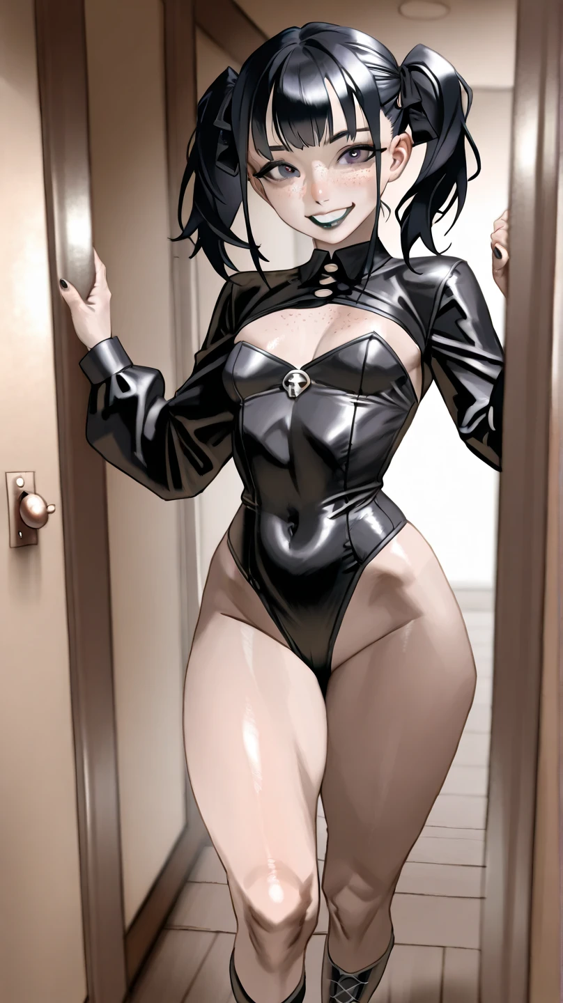 superheroine, ((1girl, solo)), light skin, red eyes, black hair, bob cut, blunt bangs, short hair, ((turtleneck, skin tight leotard, latex leotard, black lipstick, black eyeshadow)), ((long sleeve leotard, highleg leotard, black leotard, cameltoe, bare legs, black boots)), serious face, hands on hips, standing, full body, ((seen from below, dynamic angle)), ((skull tattoo on left thigh))