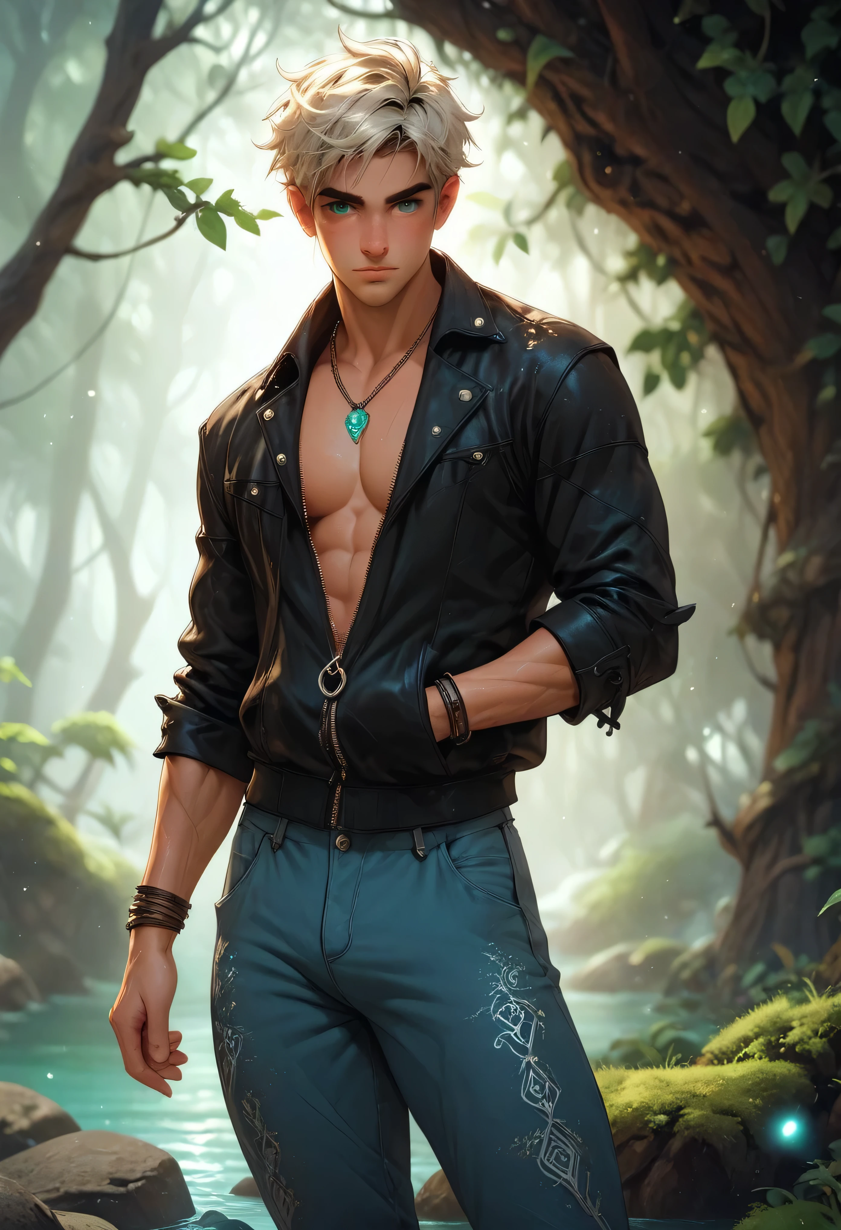 Beautiful tall Mexican angel with a slim but toned body for battle, blue eyes, long red hair with some white hair combed in a braid, he wears a sleeveless shirt with a jacaranda flower print, blue shorts and leather sandals, he has a quetzal resting on his shoulder, an obsidian necklace with a shark's tooth, he is sitting in the middle of a meadow with roses and dahlias