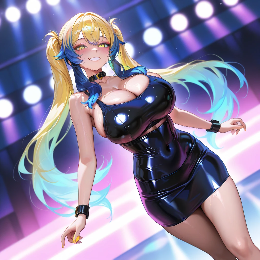dark magician girl, pantyhose, strapless leotard, bunny ears headband, bowtie, wrist cuffs, bunny tail, beautiful face, blonde hair, smiling, highly detailed, HD