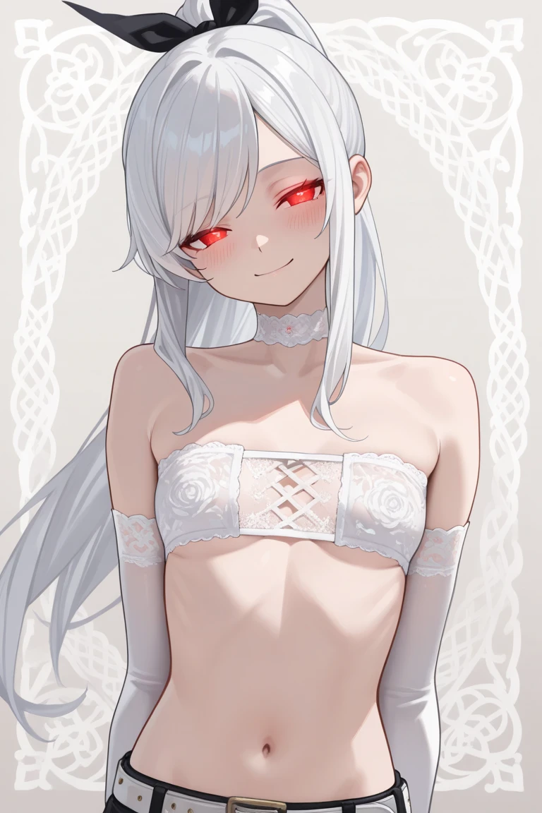 masterpiece, best quality, kitsune 1girl, solo, beautiful kitsune woman, fox ears, bangs, white hair, very long hair, blue eyes, grin, medium breasts, black choker, black bra, black panties, 5 white fox tails, white hair, cowboyshot, looking at viewer, making a hart shape with there fingers in front of there lower abdomen  