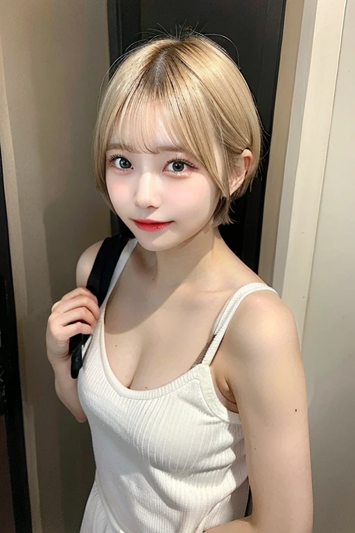 one person、Blonde、whole body photos、Red polo shirt、Cleavage、Green mini skirt、fun、Blonde、、whole body、slender、woman、White drool coming out of the mouth、Short hair, fair skin,Super cute、Soft and Face、Brown Hair、8k resolution、Surreal、Ultra high definition、 Soft Body、A-cup small breasts((Highest resolution、8k、masterpiece:1.3))、Ultra-fine face、Ultra Fine Lips、Beautiful Eyes、double eyelid,Slender figure、I can see your thighs、Shapely small breasts、Light blue wall