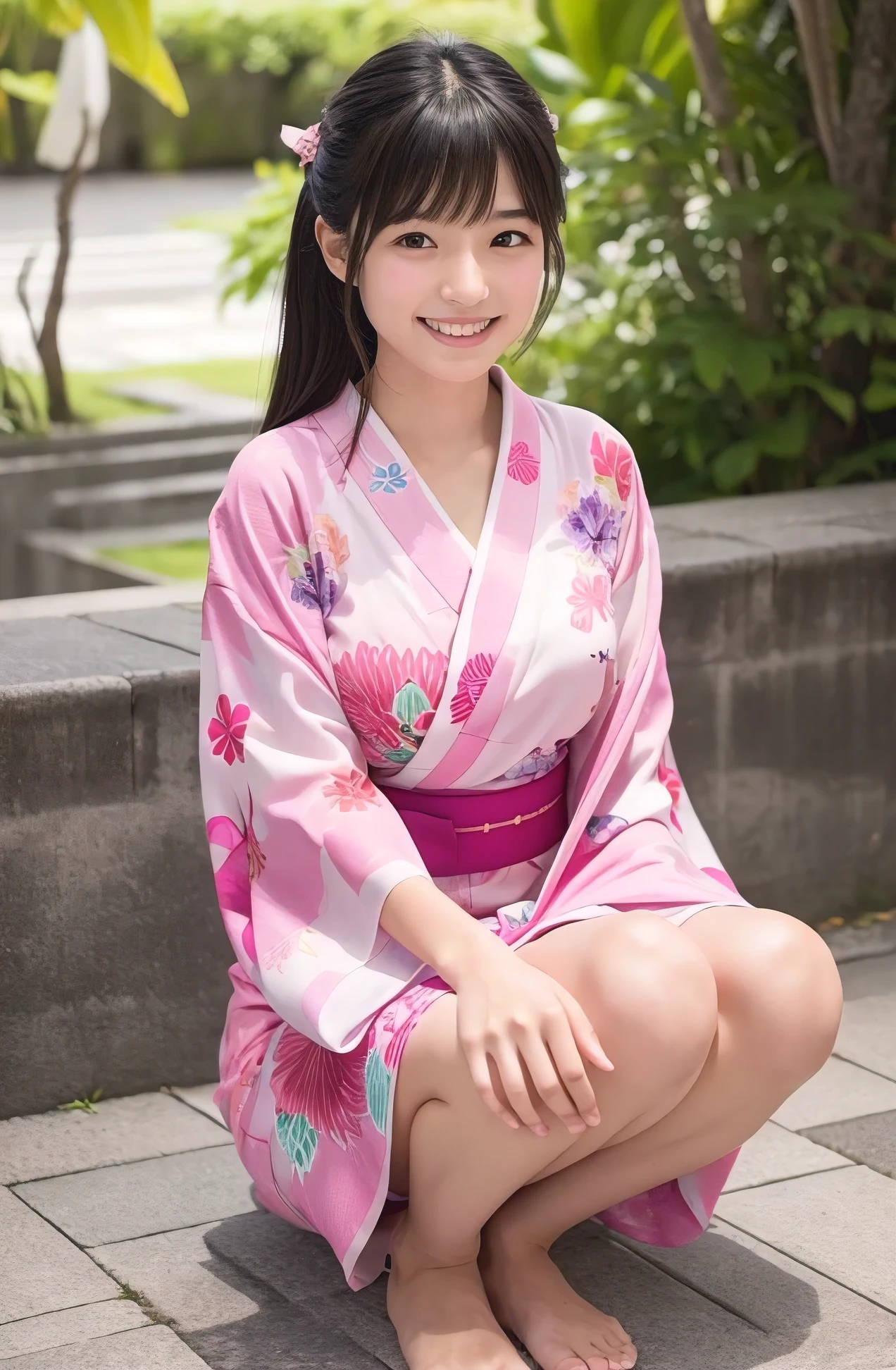 (Highest quality,masterpiece:1.3,Ultra-high resolution),(Very detailed、Caustics) (Realistic:1.4, RAW shooting、)Ultra-Realistic Capture、Very detailed、Natural skin texture、masterpiece、(Japanese elementary school girl wearing a floral yukata:1.3)、Adorable expression、Expressions of happiness、s old、height: 140cm、Baby Face、Pure girl、Amazingly cute、Twin tail hairstyle、Curly Hair、ribbon、Black Hair、Large Breasts、Open chest、Shining thighs、Shining ass、Sitting on the veranda of my family's house in the countryside、Old Japanese house、Taken in the evening、Magic Hour、Background details、smile、An inviting gaze、(Anatomically correct)、Cowboy Shot、Attention to detail、