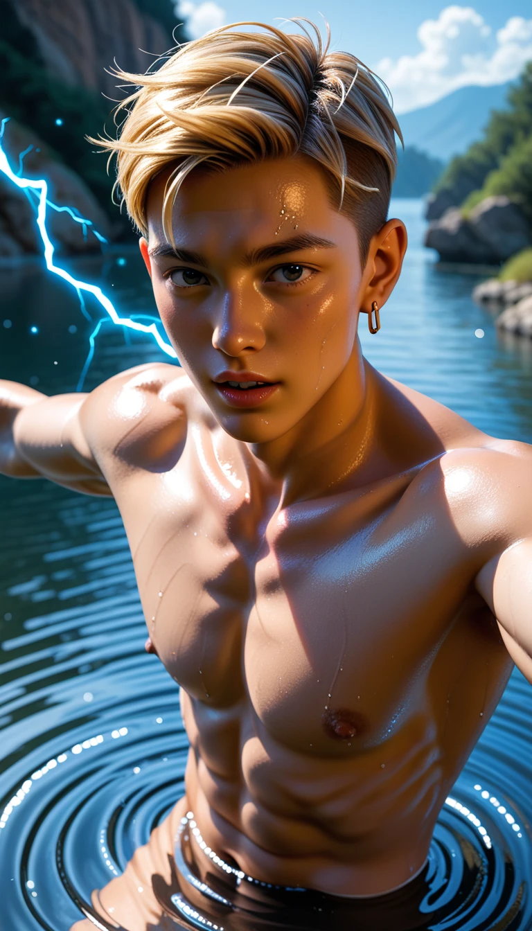 ((Best Resolution)) ((16K)) ((Perfect)) 1 man, slim, muscular, twink, with orange hair, front view, eyes closed, short orange undercut hair, wearing a bright orange stone necklace, meditating on a rock in the middle of the ocean, front angle, waves crashing on the rock, cinematic, epic, perfect, radiant sun, light.