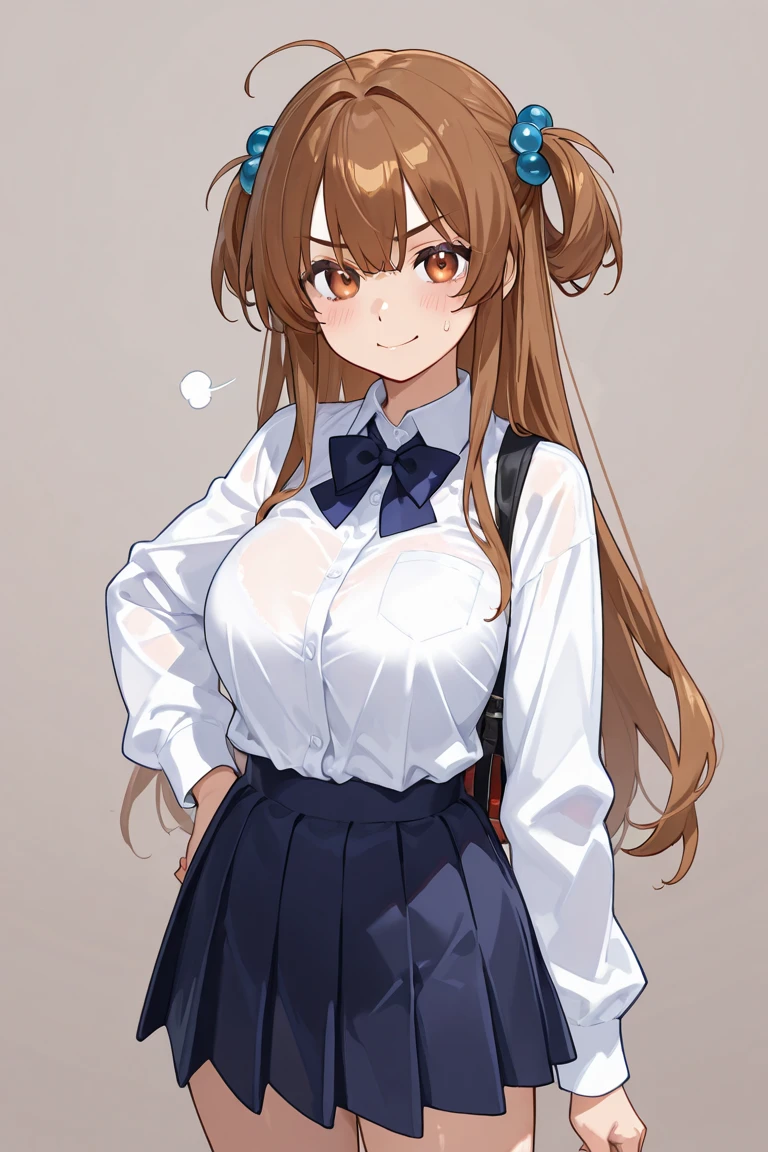 A little small and thin for her age, shy and blushes easily, She is quite naive and helpful. white, long wavy brown hair, small pieces, blushing, big, innocent brown eyes, small waist, medium breasts and some hips, long neck, wear short skirts and blouses with a tender neckline.