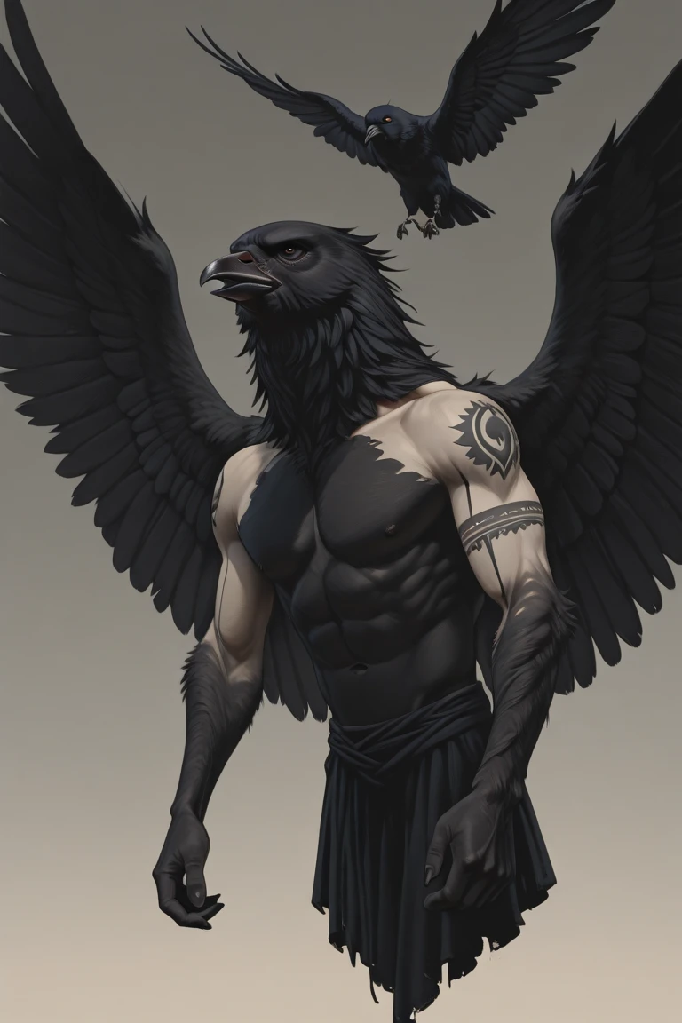 male anthro crow, concept art, feet, strong eyes, pecs, abs, nipples, unbuckled, unbuttoned pants, wings, underwear, military, absurd res, masterpiece