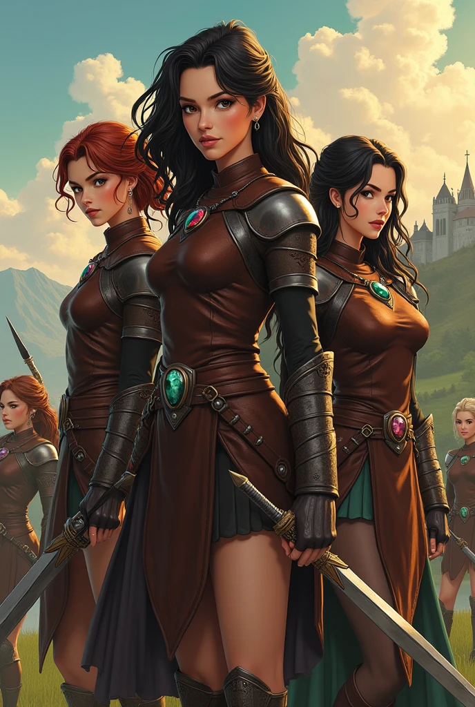 Two dwarf females, one with black hair and blue eyes and the other with red hair and green eyes, both are robust females, both with large breasts ((with cleavage)), both with wide hips,Two dwarf females, one with black hair and blue eyes and the other with red hair and green eyes, both are robust females, both with large breasts ((with cleavage)), both with wide hips,Both have thick thighs, both have green skin, both with pointy ears,they are beautiful ,but arrogant, forest scenery,they both wear tight adventurer clothes, they are both females ((SFW))