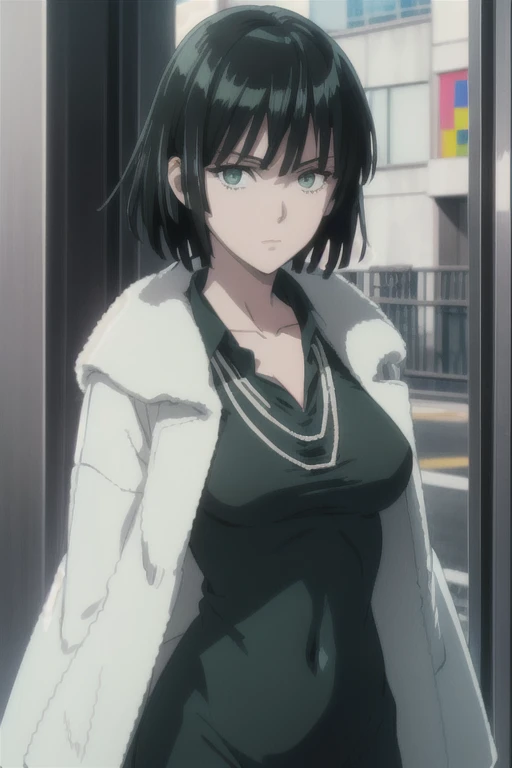 (((pixel-perfect, detail-perfect))), 独奏, 1girl, fubuki, fur coat, collared dress, collarbone, necklace, looking at viewer, closed mouth、Torn clothes、NSFW、 exposed、Nipples、Large areola