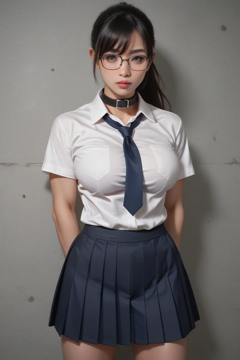 Long black hair, school uniform dress, massive sized boobs, huge boobs,thigh legs, short school skirt, holding a school bag,standing,black colour eyes,ultra realistic detailed brown eyes, beautiful and perfect face, school background, Mikasa Ackerman with red scarf, black hair
