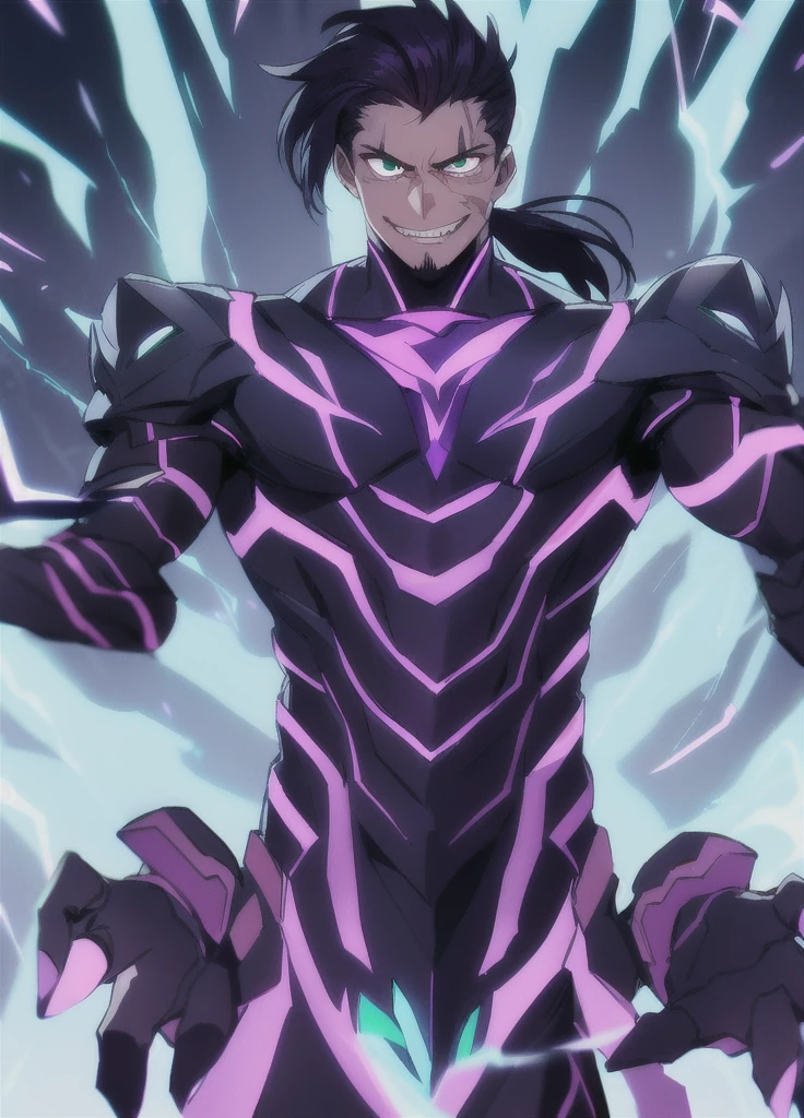 muscular robot man, PURPLE HAIR, black cap, purple eyes, gay