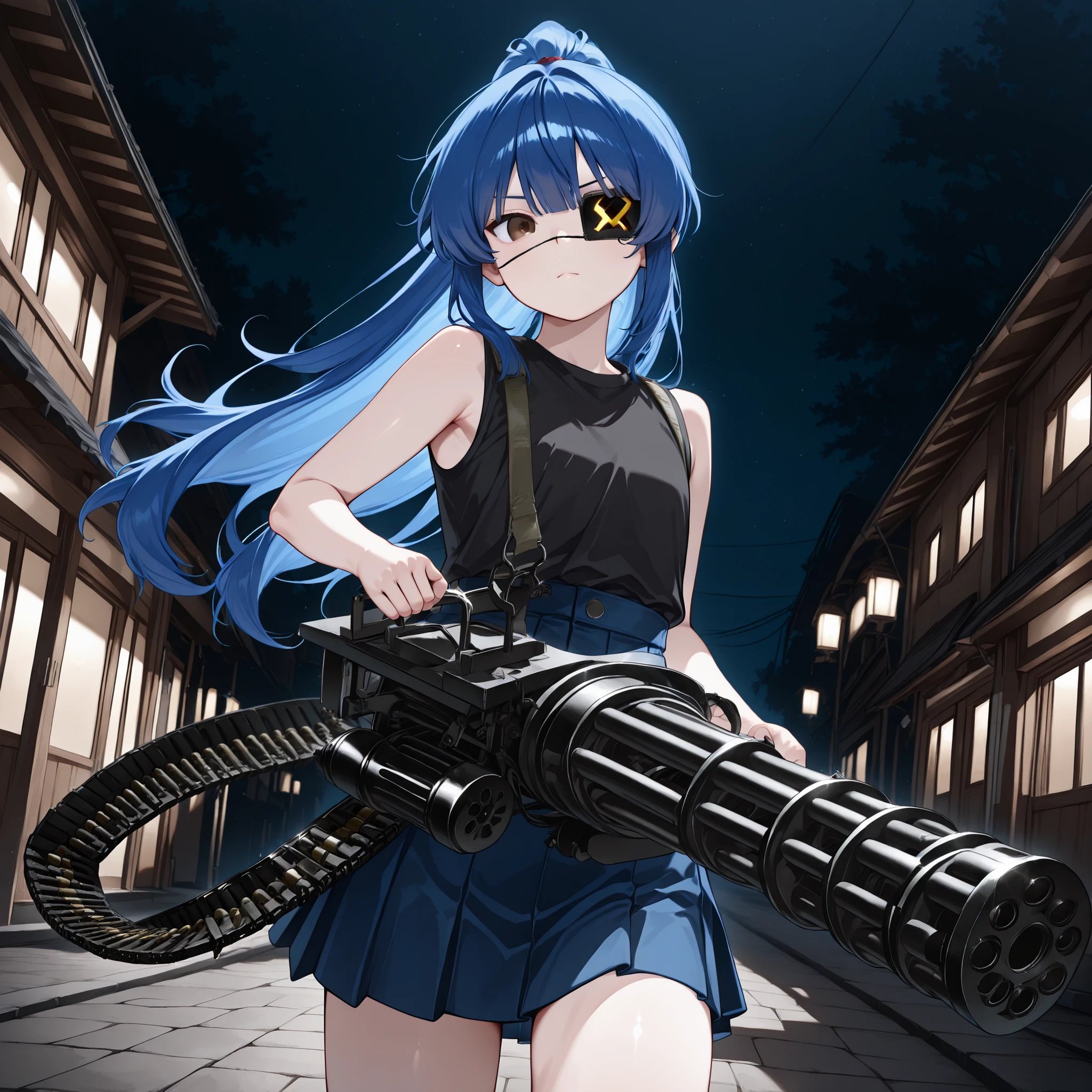 very aesthetic, 걸작, 고해상도, 8k 해상도, high contrast, (semi-realistic), newest, koreanai, best_quality, finely_detailed_eyes_and_detailed_face, (1 girl), brown_eyes, blue_long_hair, ponytail, black_eye_patch,slicked_side, black shirt, sleeveless, miniskirt, c-m134, holding m134, two-handed, ammunition belt, looking_at_viewer, dynamic_angle, (night), thin_waist, flat_chest, (thin),()
