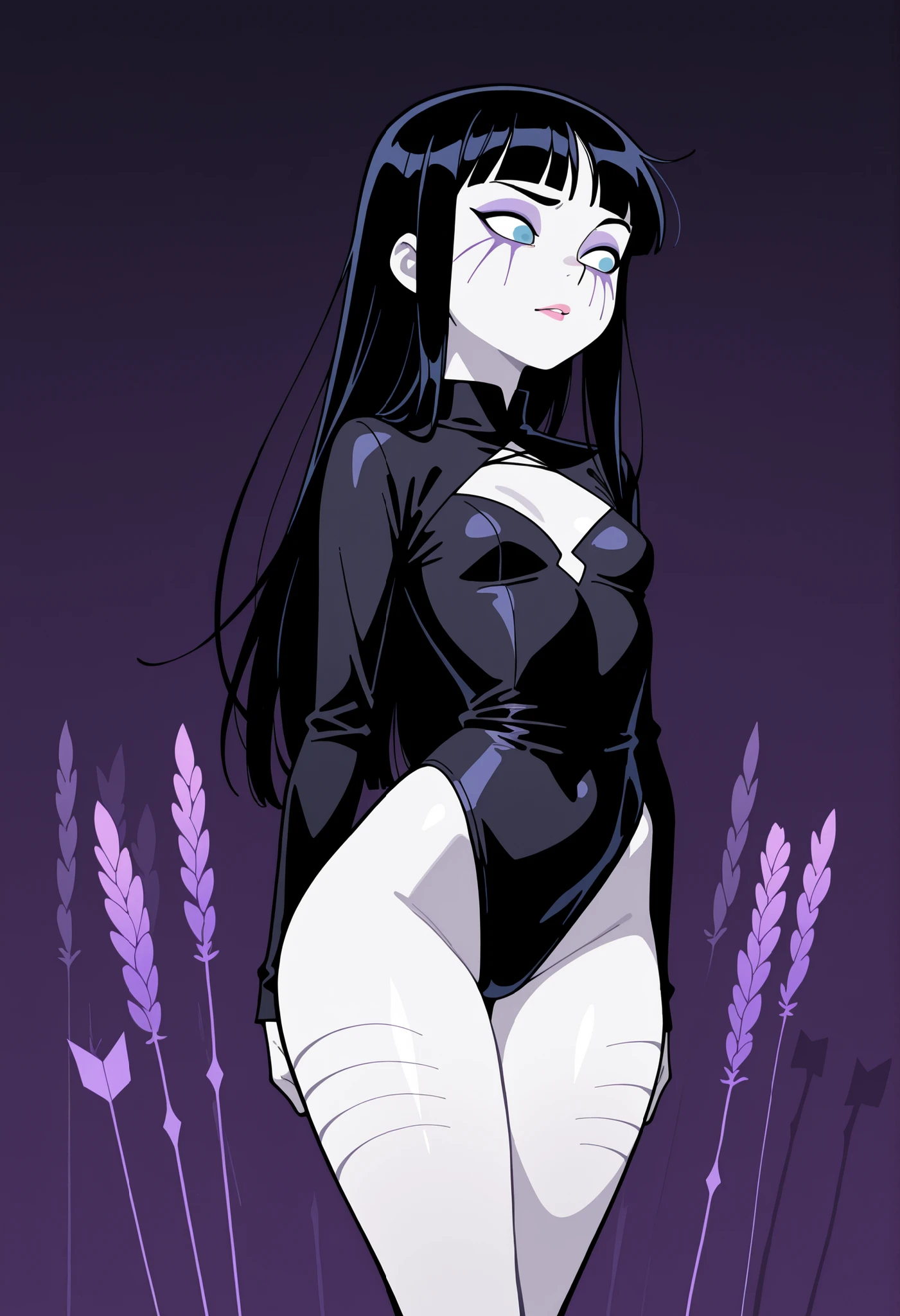 1girl,solo,black hair, black eyes,round breasts,round ass, wide hips, ,black dress ,black lipstick ,pale skin,smirk,cowboy shot
