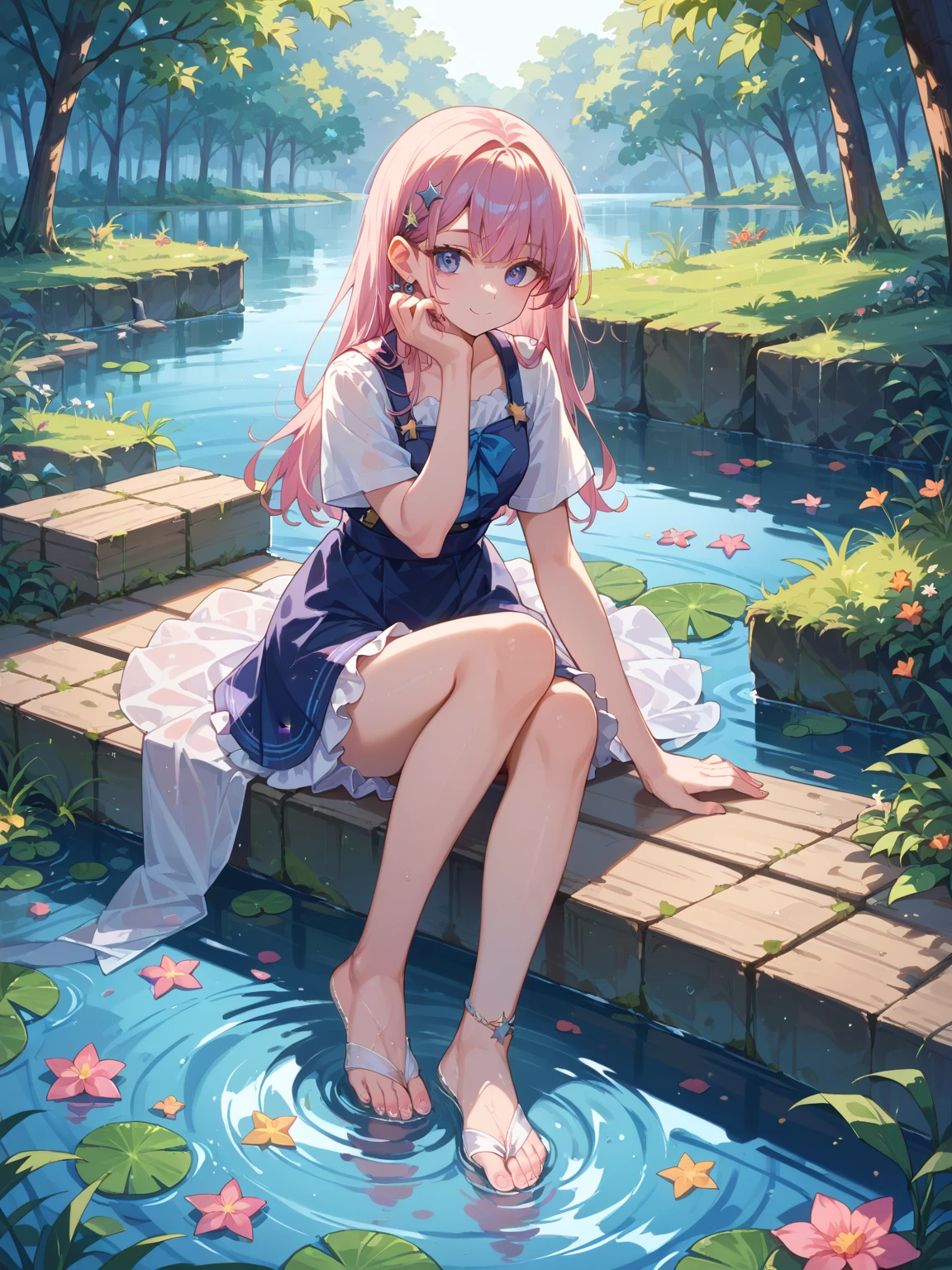 ((Best Quality, 8K, Masterpiece: 1.3)), {{Masterpiece}}, Illustration, Best Quality, Very Detailed CG Unity 8k wallpaper, 1girl_solo, full_body, from_top, looking_at_viewer, looking_up, (White Pantyhose: 1.3), Purple Hair, Double Tail, (Nude Dress: 1.3), hair_ribbon, Strong Edge Light, Lake, Flowers, Rain, clothes splash, (wet clothes: 1.5), 16 years old, good figure, sexy and charming woman, sitting, collarbone, slip sleeveless dress, Sleeveless, The arms are unobstructed,