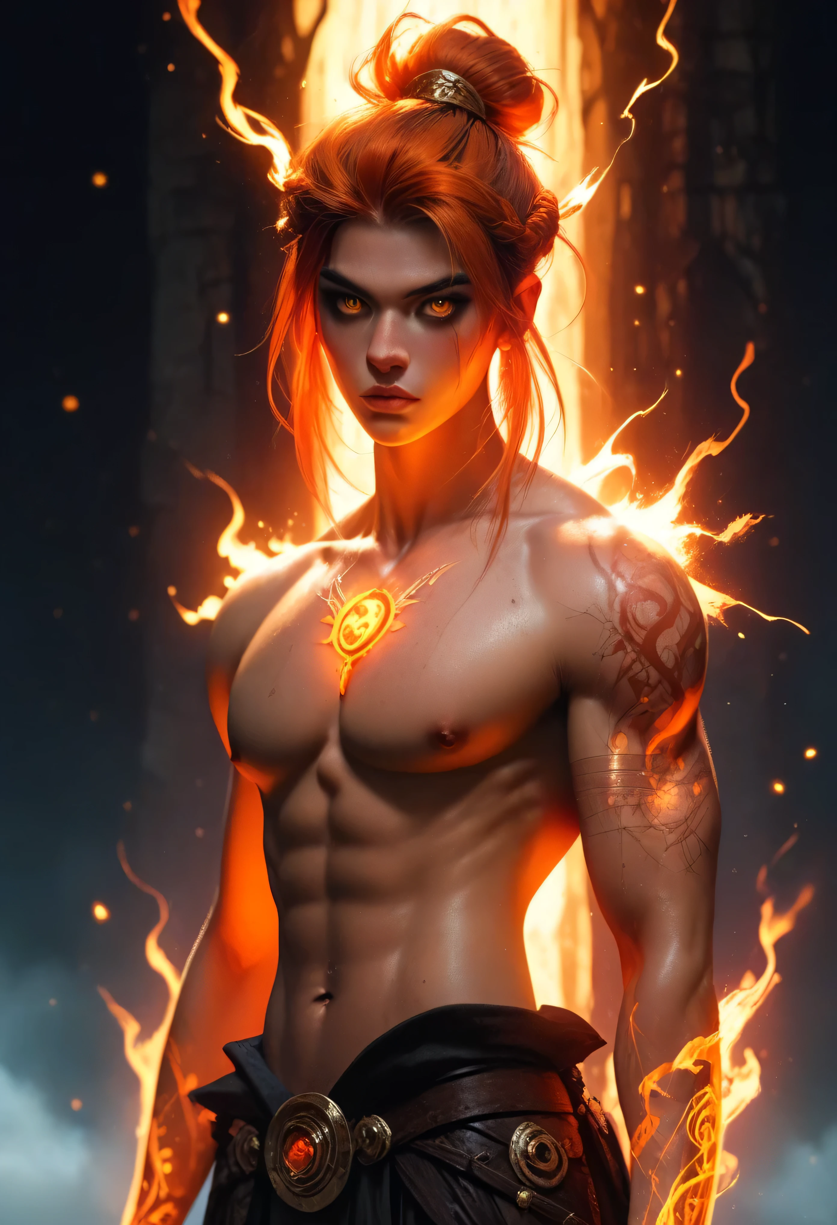 slim anime boy with intense golden eyes, short fiery orange hair, glowing tattoos on chest and arms, standing in firelit ruins, shirtless with glowing ember particles, fierce gaze, smooth sculpted slim torso, fantasy lighting, painterly style, dramatic shadows and contrast, divine energy aura, Sakimichan-inspired
