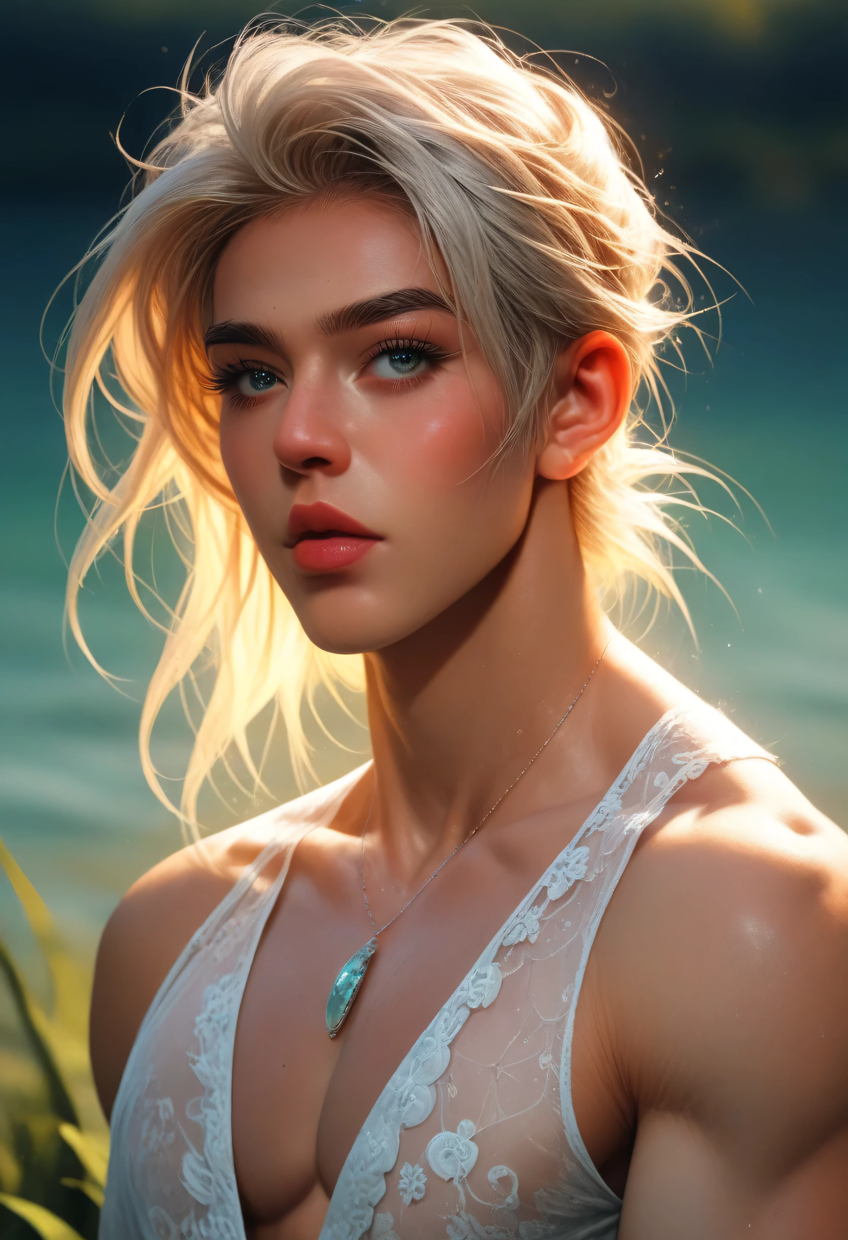 3/4 upper-body of a young male boy with tousled chestnut hair, soft hazel eyes, wearing an open sheer white boho shirt with delicate embroidery, layered silver pendant necklaces, sun-kissed skin with visible abs and collarbones, ocean breeze tousling his hair, serene expression, warm sunset light behind, semi-realistic painterly anime style, soft depth of field