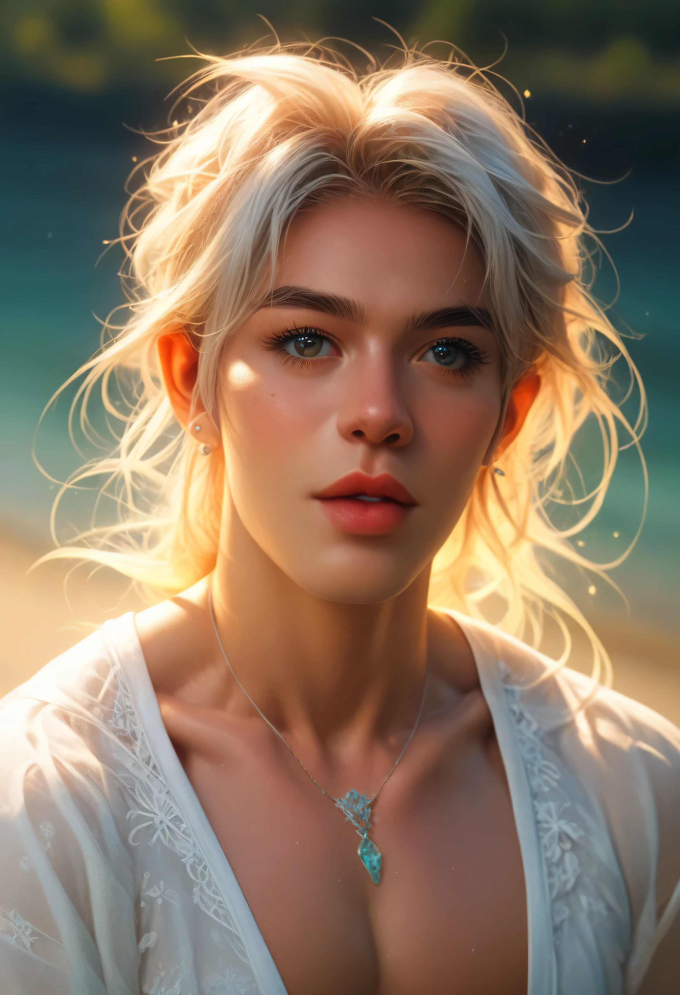 3/4 upper-body of a young male boy with tousled chestnut hair, soft hazel eyes, wearing an open sheer white boho shirt with delicate embroidery, layered silver pendant necklaces, sun-kissed skin with visible abs and collarbones, ocean breeze tousling his hair, serene expression, warm sunset light behind, semi-realistic painterly anime style, soft depth of field