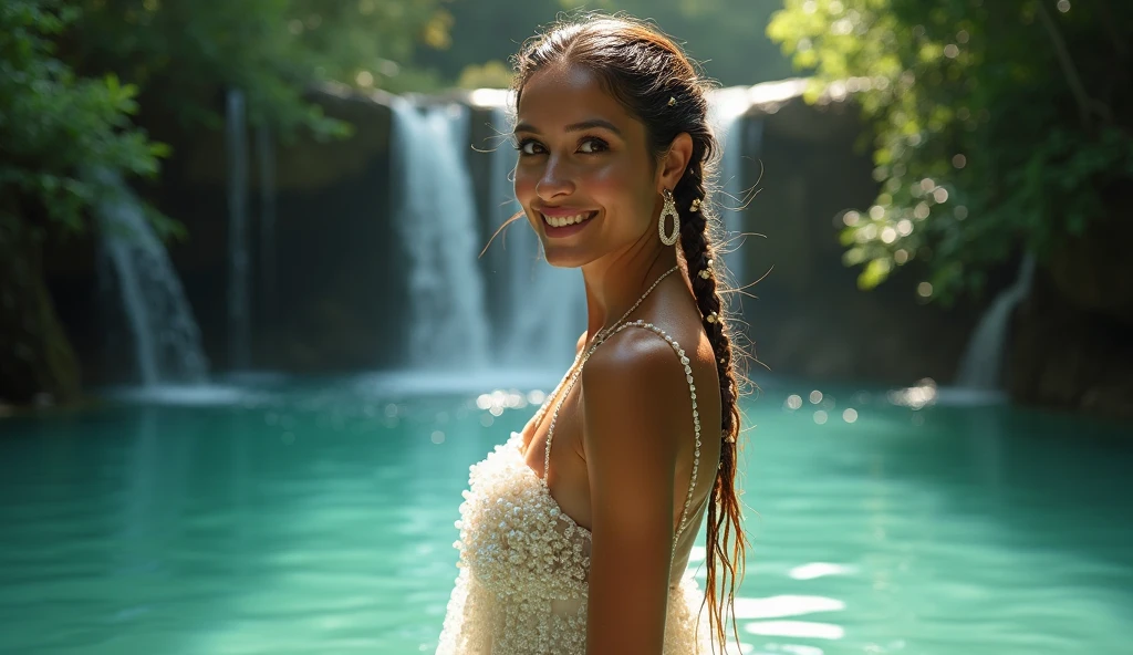 8k, beautiful mixed girl with wet long slightly wavy hair, Lily flowers in the mouth, extremely detailed body and lips, smile, sweet chest, beautiful , sexy Long white dress , Under a waterfall, A flower in the mouth, Hold your hair, Backache, lots of plants, Rocks, Nature, (best quality,4k,8k,highres,masterpiece:1.2), ultra-detailed,(realistic,photorealistic,photo-realistic:1.37),portrait,landscape,vivid colors,bokeh