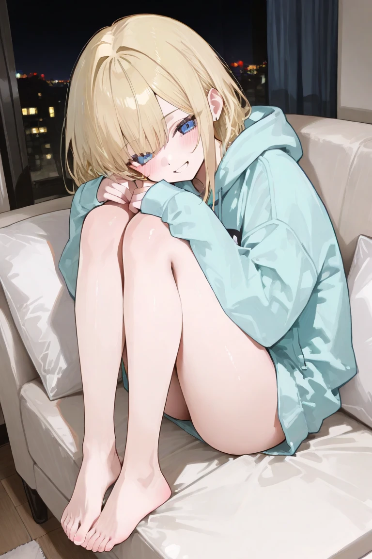Browsing Caution,1人only,(Petite),((Cute man's daughter))only),((Groin bulge)),seiza,Blonde woman with low pigtails,lips,Sweat,White Breath,hoodie,The gaze of the viewer,A begging expression,Showing his erect penis to the viewers