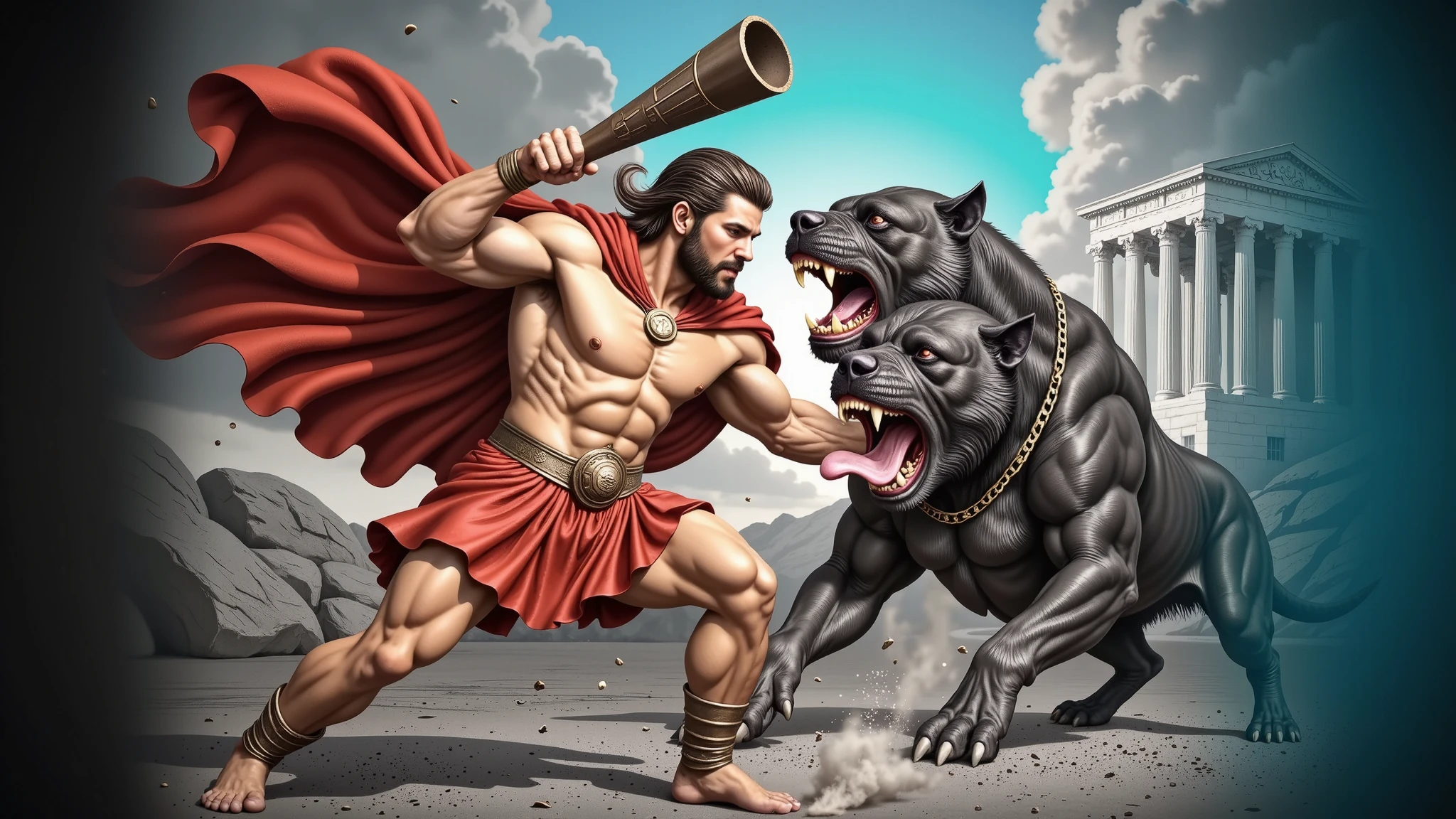 An ultra-realistic, cinematic scene of Hercules, the legendary hero, fiercely battles Orthos, the two-headed Cane Corso. The beast snarls with fury, saliva flying from its roaring jaws. The scene is cinematic and ultra-realistic, with intense lighting highlighting the sheer strength and determination in Hercules’ stance. Dust and debris swirl around them as the battle rages, creating an atmosphere of raw power and mythological grandeur.