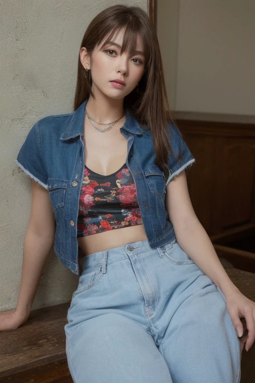 RAW photo, (sassy hip hop girl), (style of George Dubose:1.4), Sitting on the ground with legs outstretched, Relief, Audacious, Denim overalls, fitted t-shirt, Converse sneakers, Top knot, Golden hair color, Spoon-shaped (curvier hips with a smaller bust and waist), Lounge, (film grain:1.2), (high detailed skin:1.2), 8k uhd, dslr, soft lighting, high quality, film grain, Fujifilm XT3