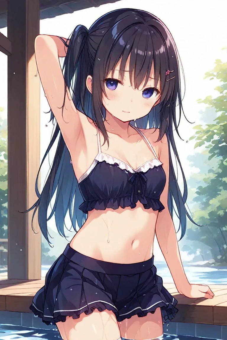 a girl with dark-colored hair, in a light blue micro bikini and low apron, small hip, large breast