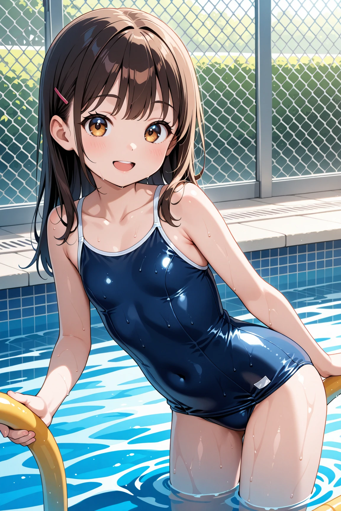 Highest quality, masterpiece, No correction, Beark 1 dhibi girl,shinosawa hiro,thin,Orange eyes,competition swimsuit,oil