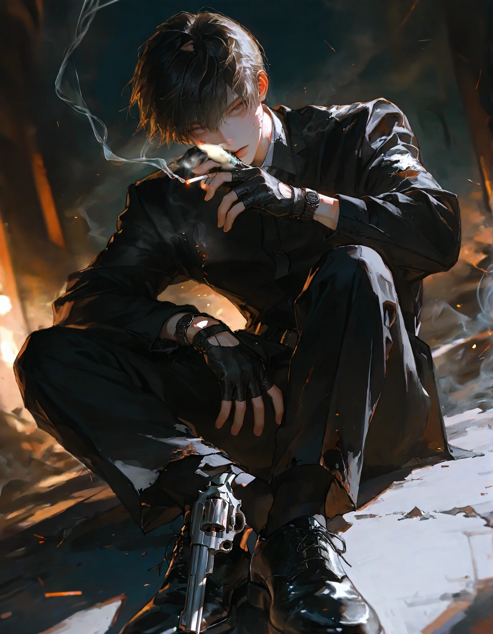 High school age male, Handsome, short hair,Flowing ,1 person , perfect eyes , Semi-realistic Art , masterpiece, Best Quality, Amazing quality, fine detail, Highly Detailed, absurd, revolver,Smoking , Broken Clothes, black shoes ,black gloves,[血 on clothes,[血 on face,[血 stain,Cigarette ,Fingerless Gloves,Gaze at the viewer,smoke,dynamic angle, sit