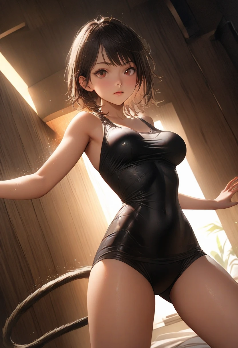 20 year old Japanese woman,(非常にdetailedな肌),Curvy,,美しいBig Breasts,(Big Breasts),Pale skin,Pointed Chest,Erect nipples,(Fantasy art,Best image quality,Hyperrealist portrait,(8k),Ultra-realistic,最high quality, high quality, High resolution, high quality texture,Attention to detail,Beautiful details,detailed,Extremely detailed CG,detailed Texture,Realistic facial expressions,masterpiece,in front,dynamic,bold),(((short pixie cut))),(Very thin hair),(Very soft hair),(Super Straight Hair:1.5),length, sleek bangs,Very light coppery amber hair,Hair in one eye、(((Wearing a competitive swimsuit))) (((The crotch part of the crotch is shifted to show genitals))) (((Exposed genitals))) (((The labia minora are exposed)))(((detailedな性器の描写)))、The lines of the body are clearly visible、(((Depiction of beautiful fingers))) (((Beautiful body depiction))) (((Spread your legs in an M shape))) (((Sit with your legs apart)))、(((Accentuate the crotch)))、(((Exposed genitalsを見せつける)))(((Full body photo)))、(((Low angle photo)))、(((Correct ankle orientation)))(((Correct number of legs))) (((genitals and anus are exposed,,,,)))(((Expressing the spread of the genitals)))(((genitals are wet with body fluids)))
